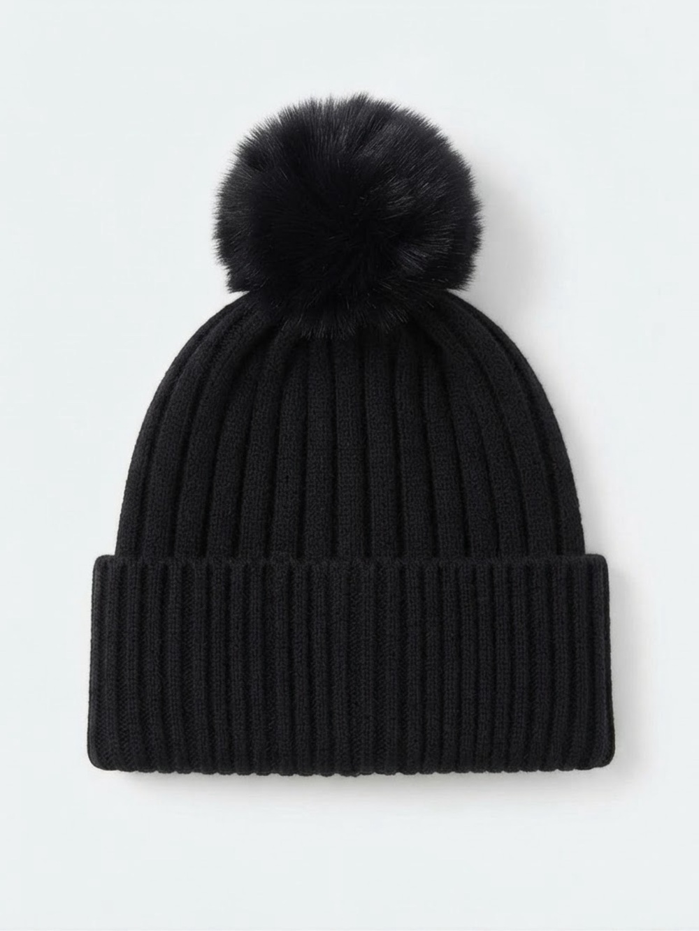 Reitmans Women’s Black Ribbed Beanie with Faux Fur Pom OS